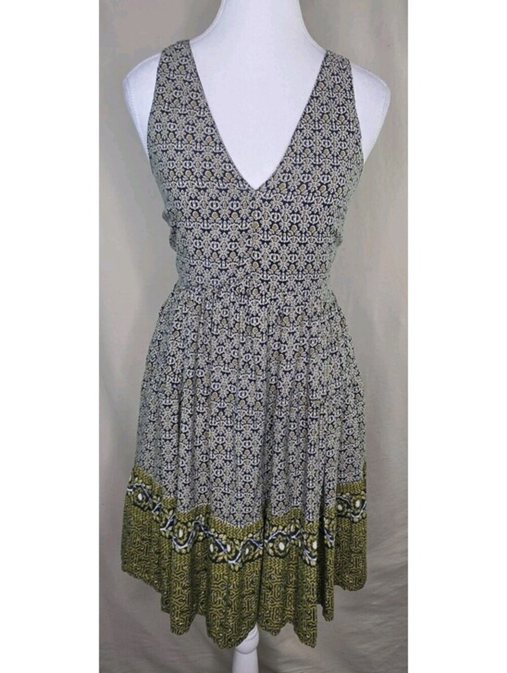 Sincerely Jules Boho V Neck Mini Dress L Blue Floral Print